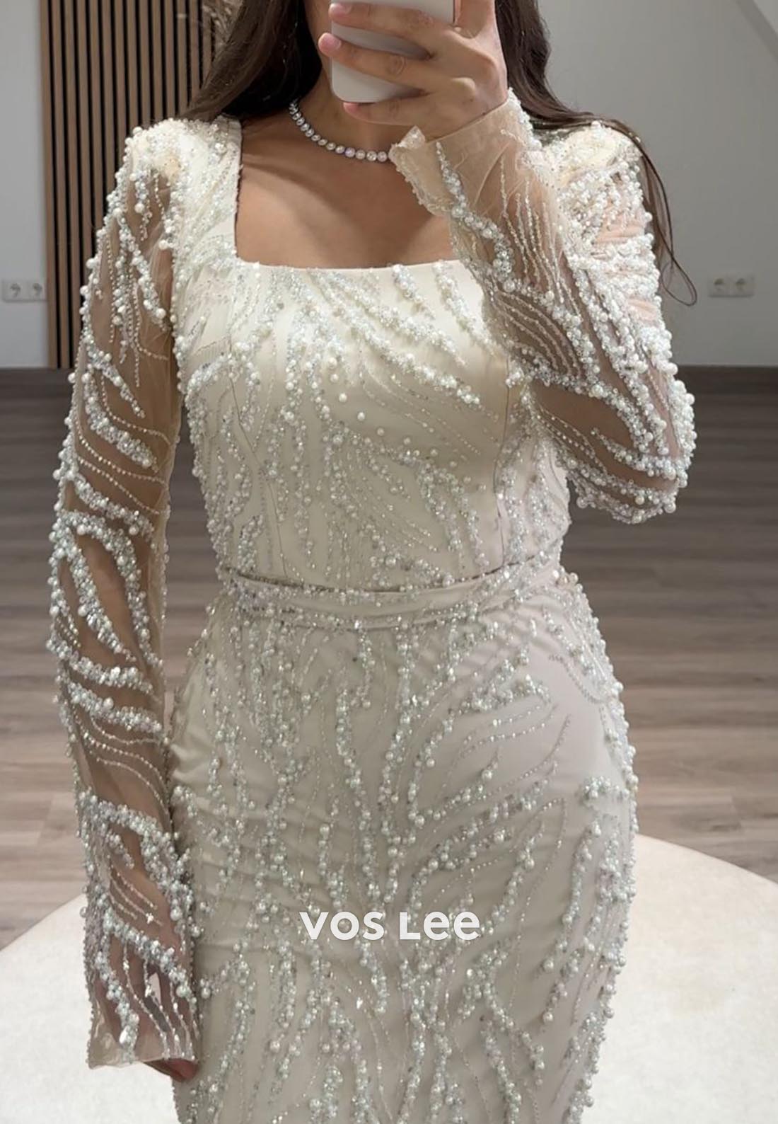 Column Floor-Length Square Long Sleeve Beading Glitter Split Formal Evening Dresses