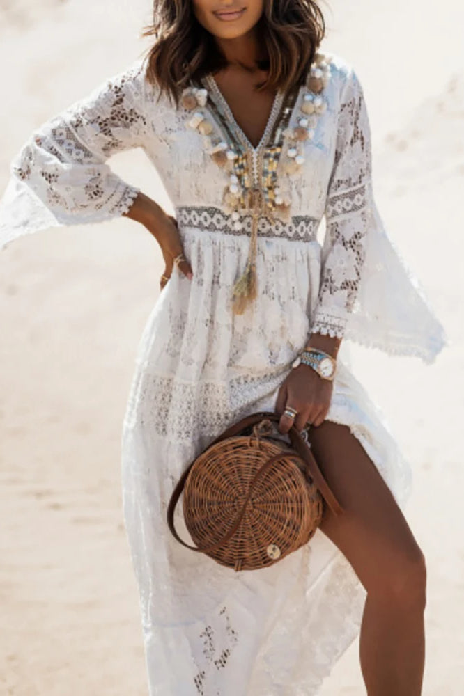 Lace V Neck Dress with Relaxed Fit and Boutique Fashion Look