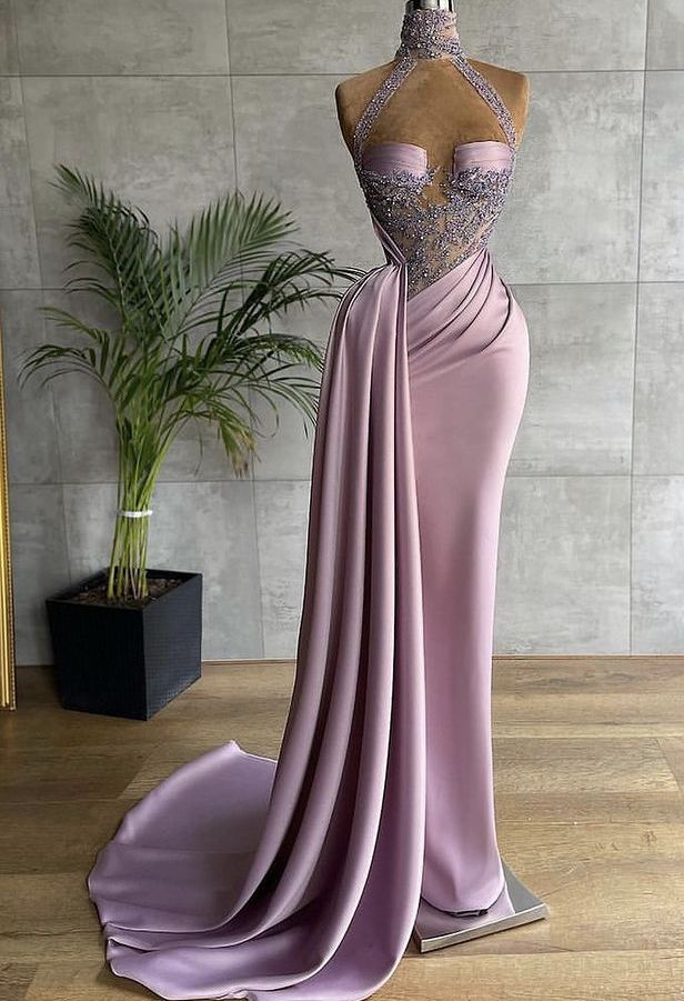 Lilac Mermaid Lace Evening Dresses Satin High Neck Women Prom Party Gowns Applique Formal Night Club Dress Custom Made