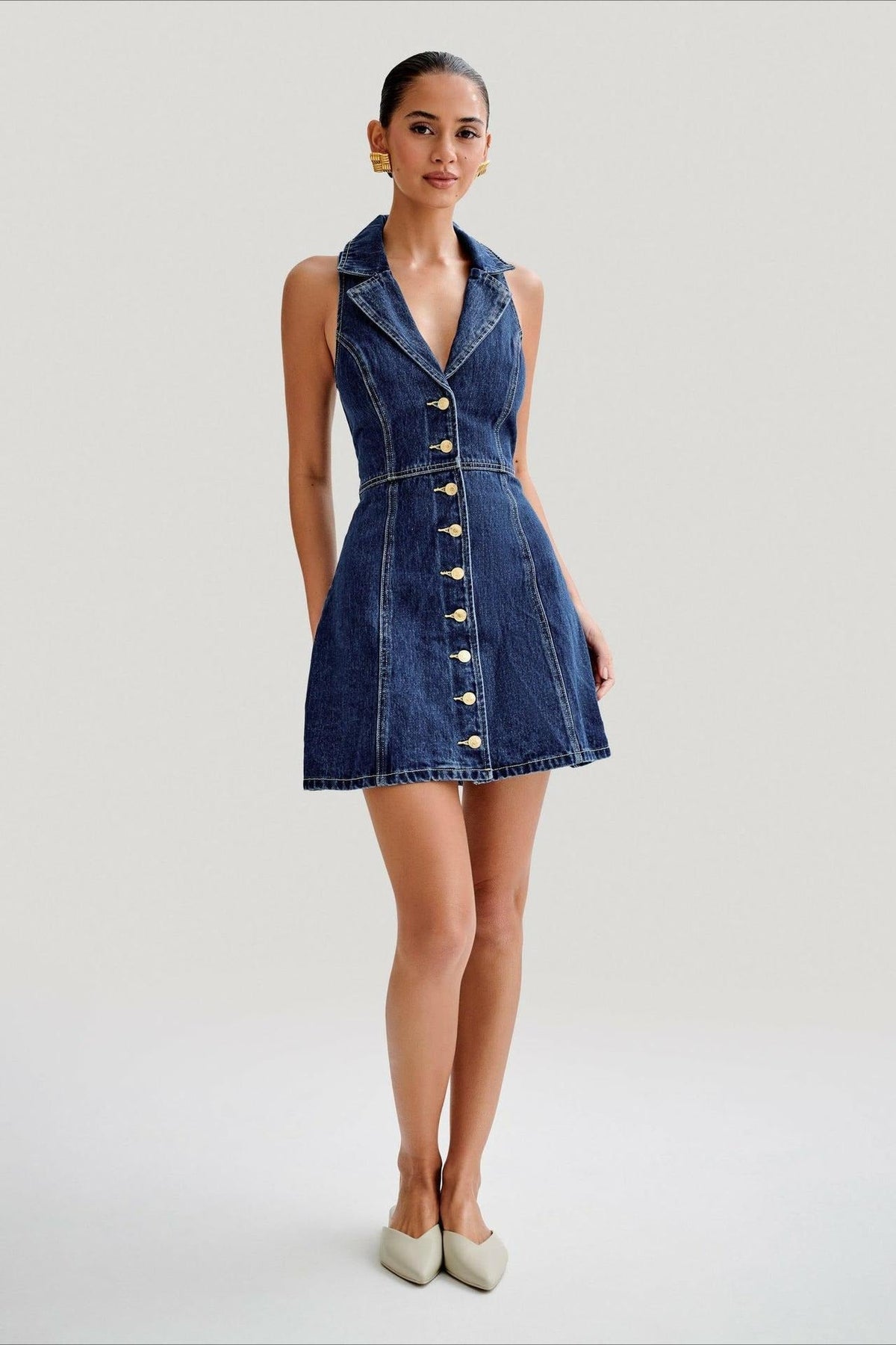 Fitted Halter Denim Dress - View 6 | VelvetHem