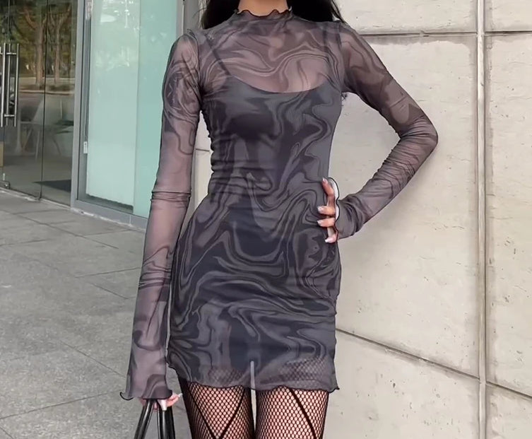 Mesh See Through Strap Gothic Mini Dress - VelvetHem