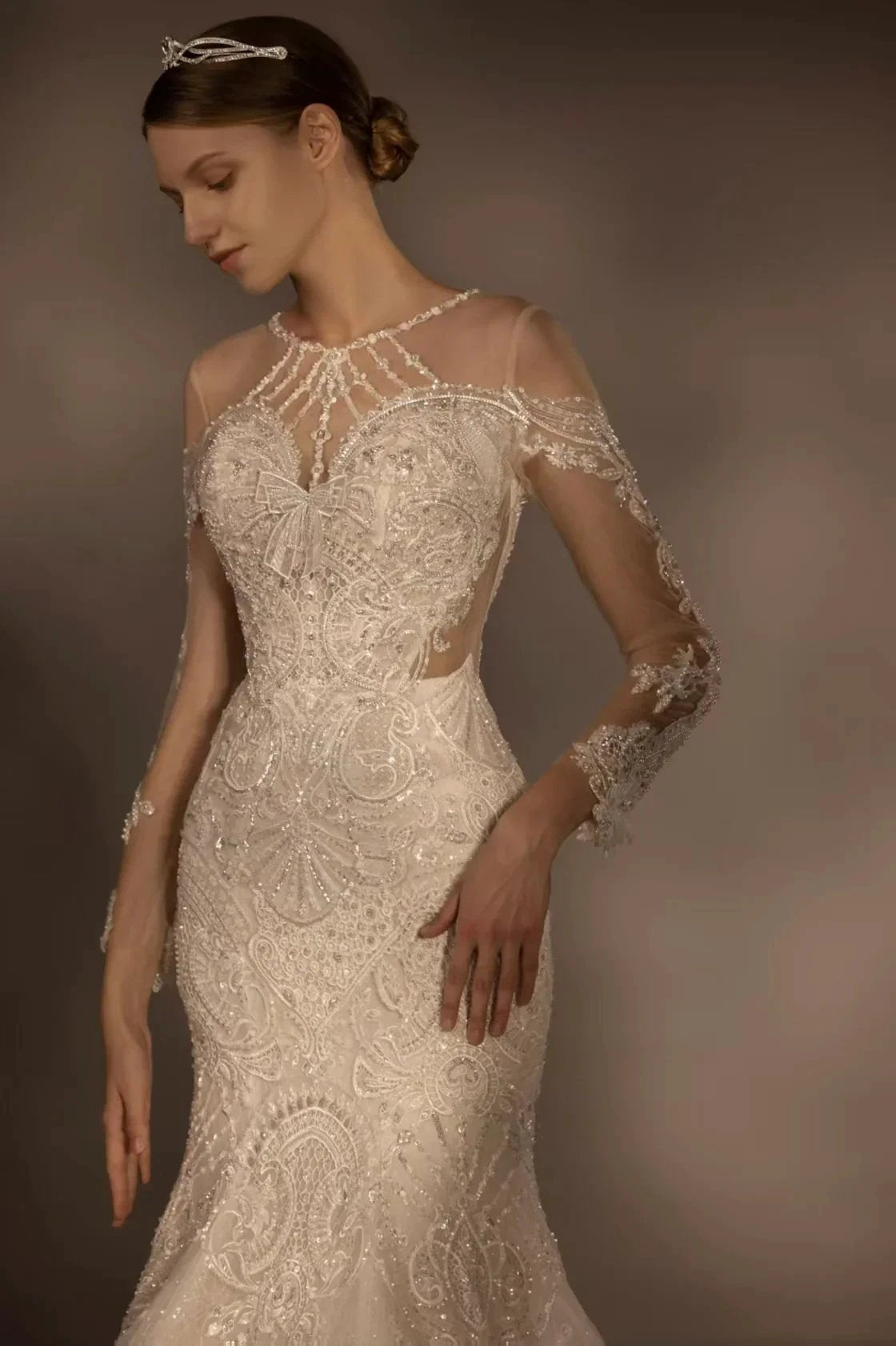 Exquisite Mermaid Halter Neck Illusion Lace Wedding Dress with Beaded Embroidery & Keyhole Back (ZD16916)