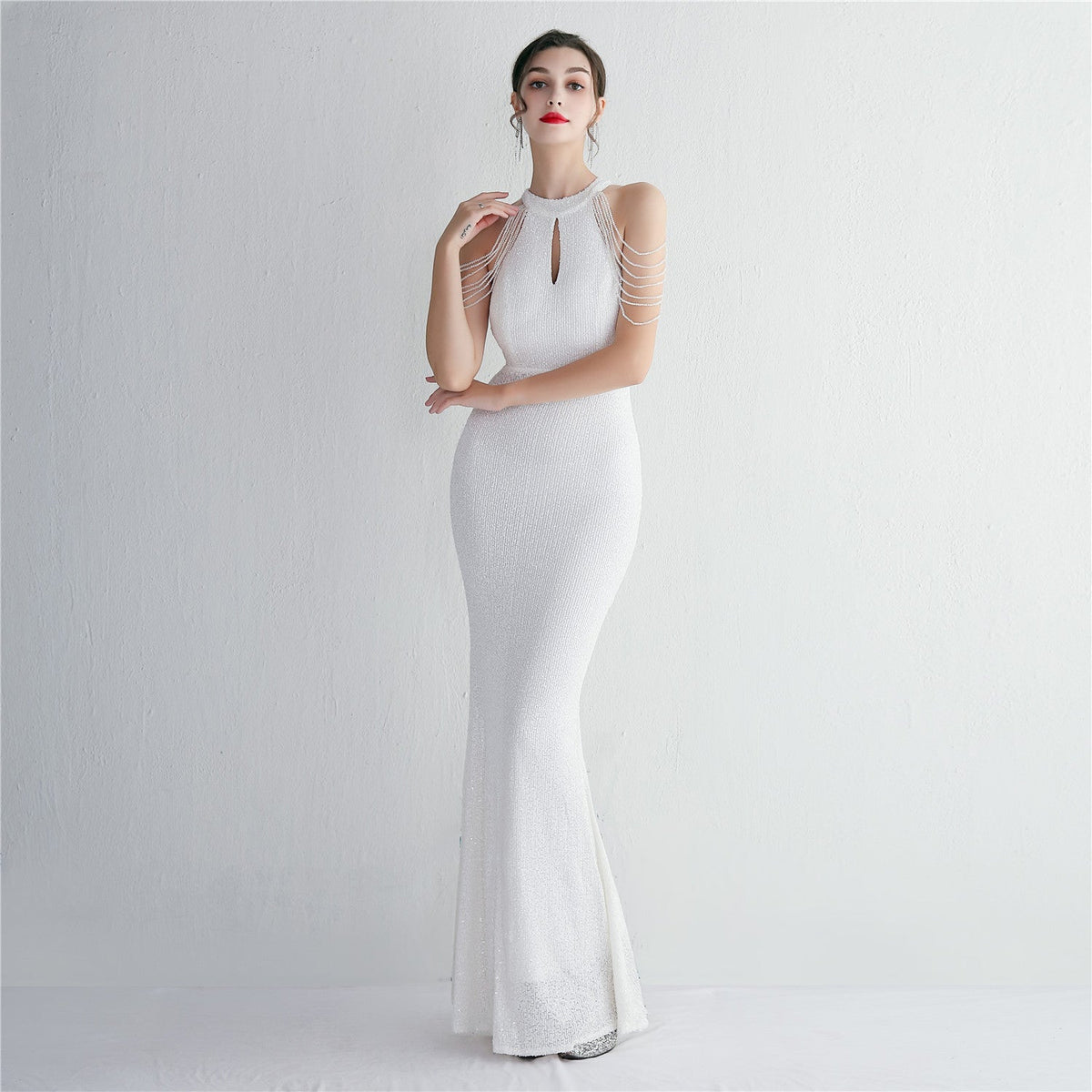 Sequined Craft Beading Cocktail Evening Dress Elegant Long Halter Slim Fit Fishtail - View 9 | VelvetHem