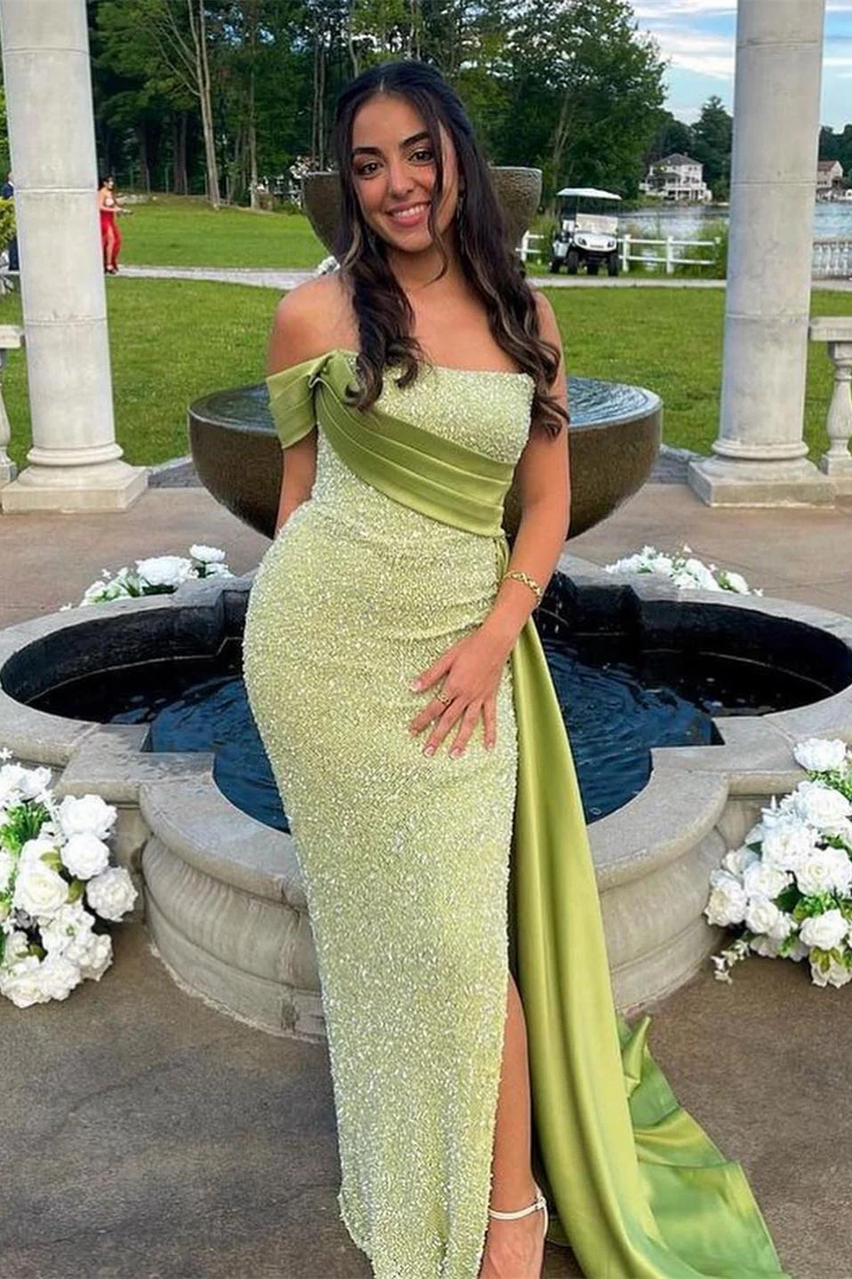 Amazing One Shoulder Sequins Satin Split Prom Dress Sexy Party Evening Dress