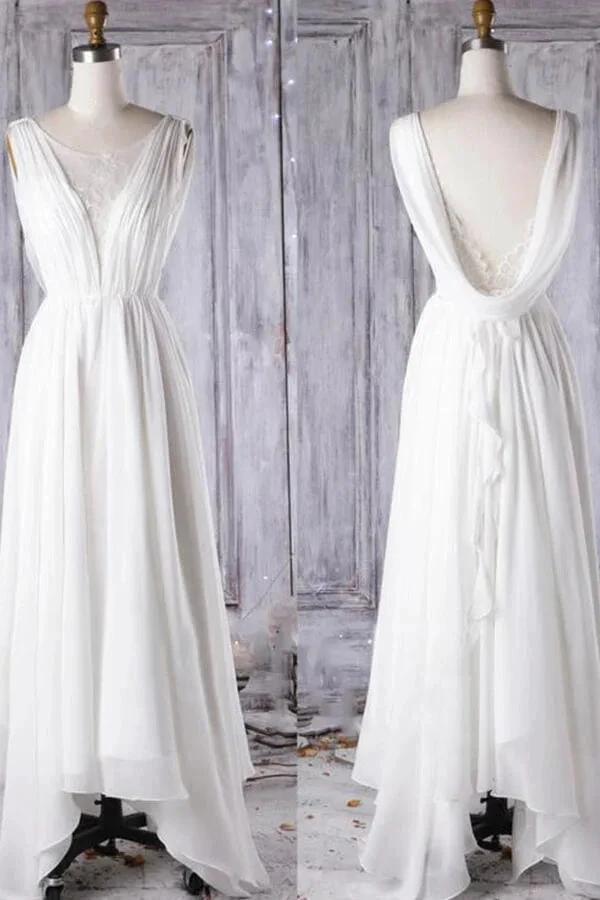 Affordable A-line Asymmetric Lace Chiffon Open Back Wedding Dress (ZD14373)