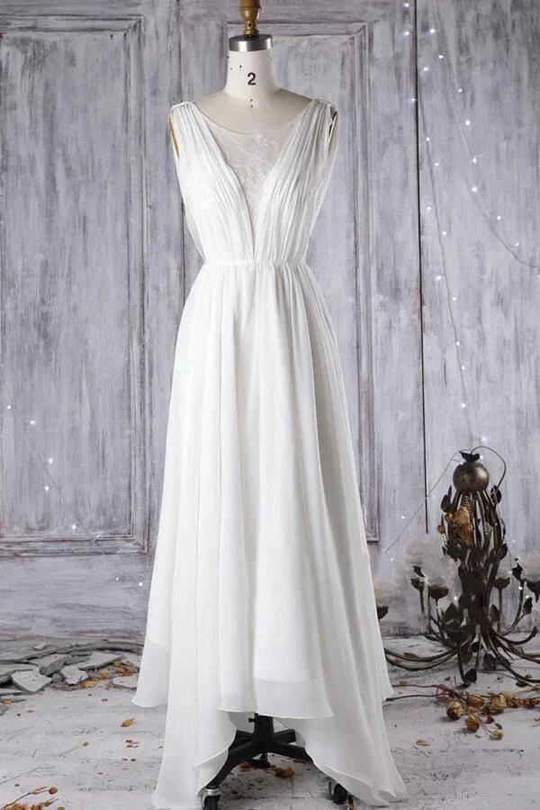Affordable A-line Asymmetric Lace Chiffon Open Back Wedding Dress (ZD14373)