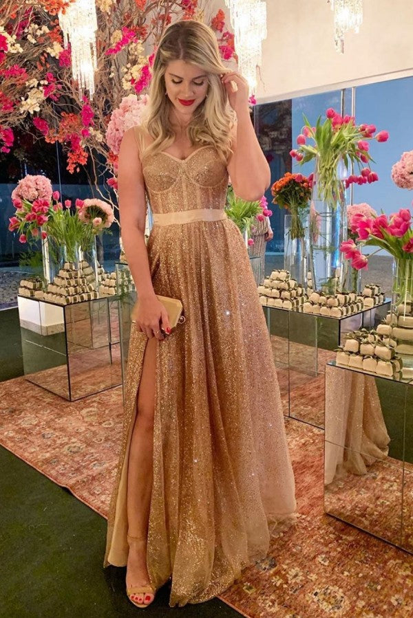 Affordable Sparkle Gold Sequin Sweetheart Prom Party Gowns with Chic High Split