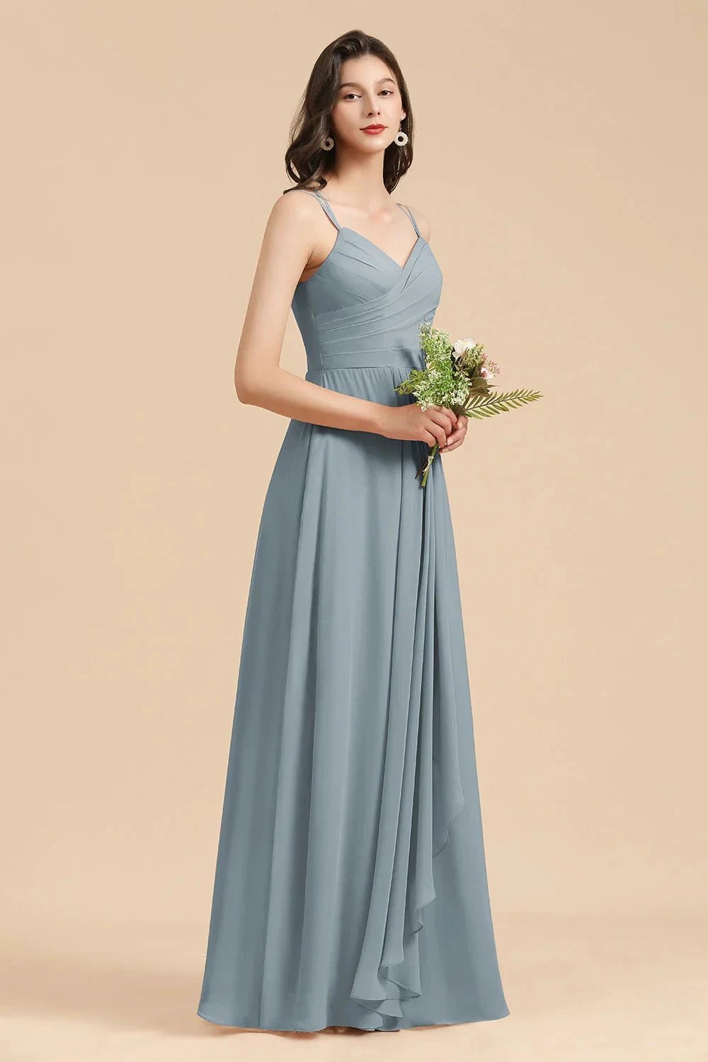 Affordable V-Neck Ruffle Dusty Blue Chiffon Bridesmaid Dresses (ZD12870)