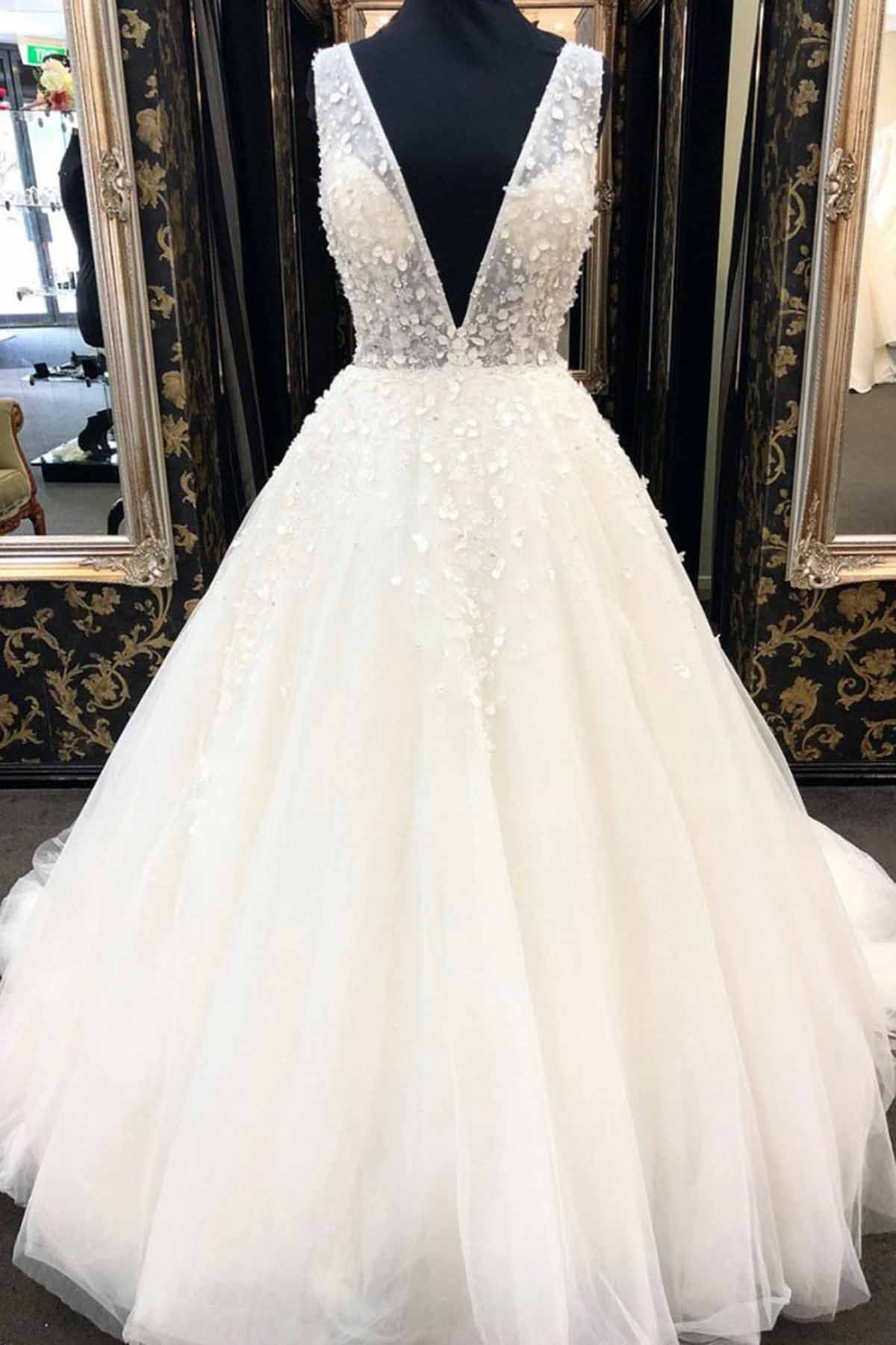 AffordableWhite Tulle V-Neck Long Wedding Dress A-Line Applqiues Bridal Gowns On Sale (ZD17442)