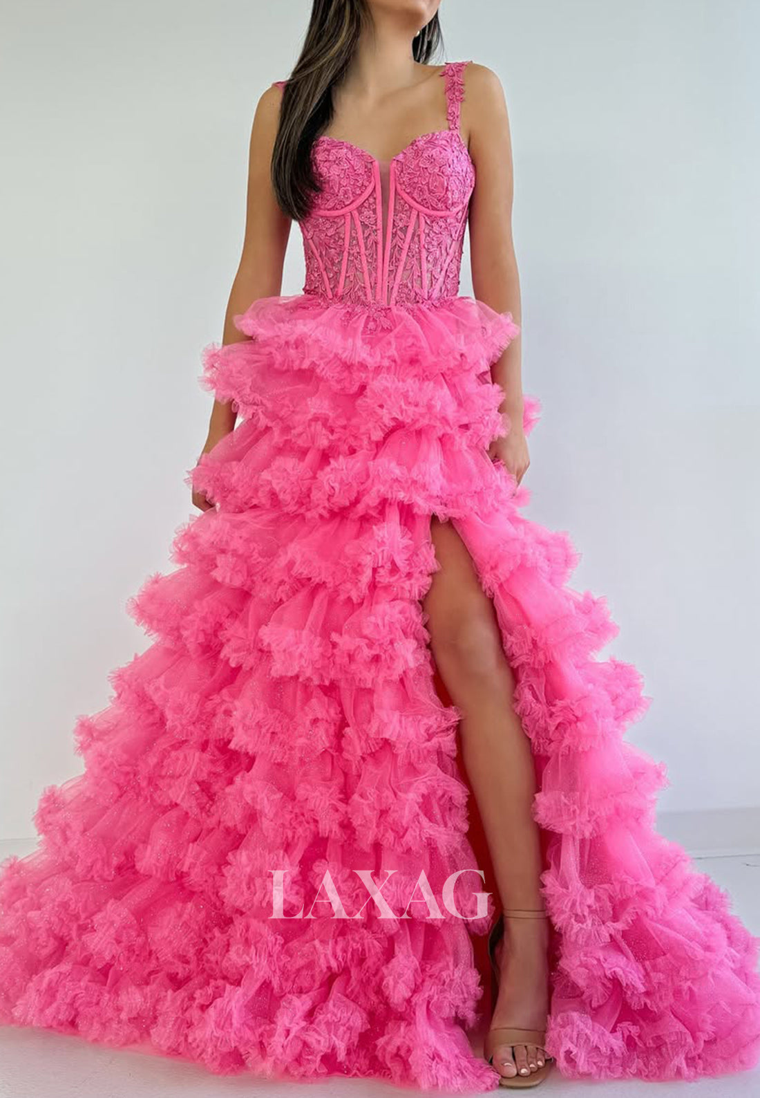 Spaghetti Straps Sweetheart Sleeveless A-Line Prom Dress Lace Applique Pleated Tulle Tiered Party Gowns