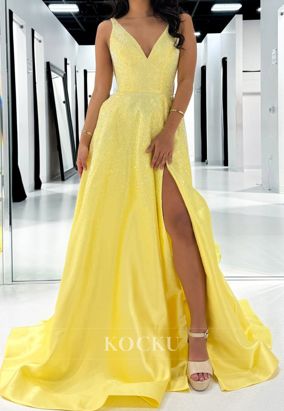 Beaded V-Neck Straps Party Gowns A-Line Pleated Satin Prom Dress with Slit
