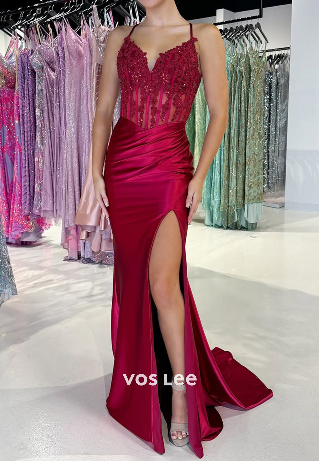 Floral Lace Halter High Slit Mermaid Sleek Party Prom  Dresses