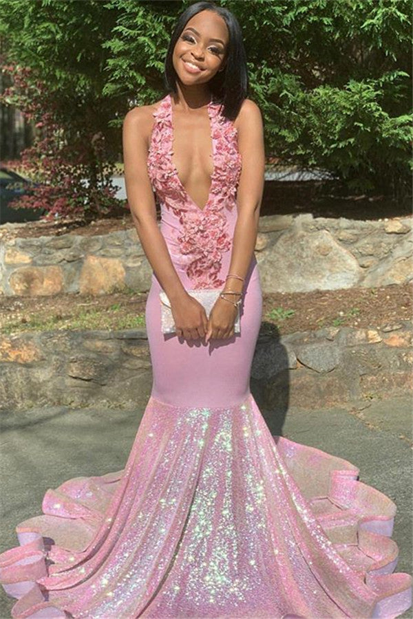 Alluring Halter Applique Glittering Sequins Prom Dresses Ruffles Open Back Chic Mermaid Sleeveless Evening Dresses