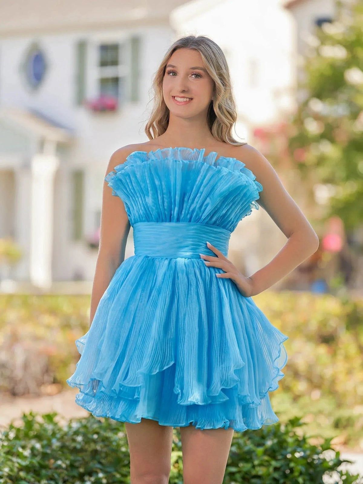 Blue A-Line Strapless Pleated Short Tiered Homecoming Dress (ZD11577)