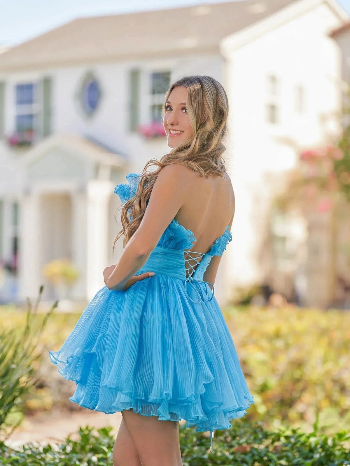 Blue A-Line Strapless Pleated Short Tiered Homecoming Dress (ZD11577)