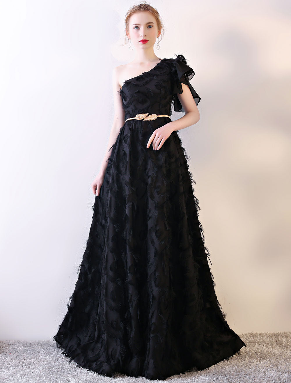 Amazing Black Evening Dress One-Shoulder evening dress Long Lace Ruffles Floor-Length Formal Dress With Sash
