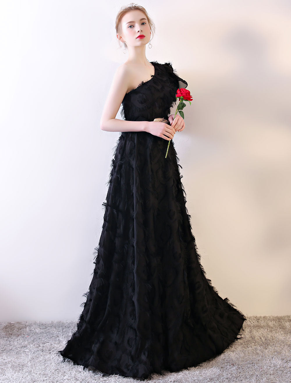 Amazing Black Evening Dress One-Shoulder evening dress Long Lace Ruffles Floor-Length Formal Dress With Sash