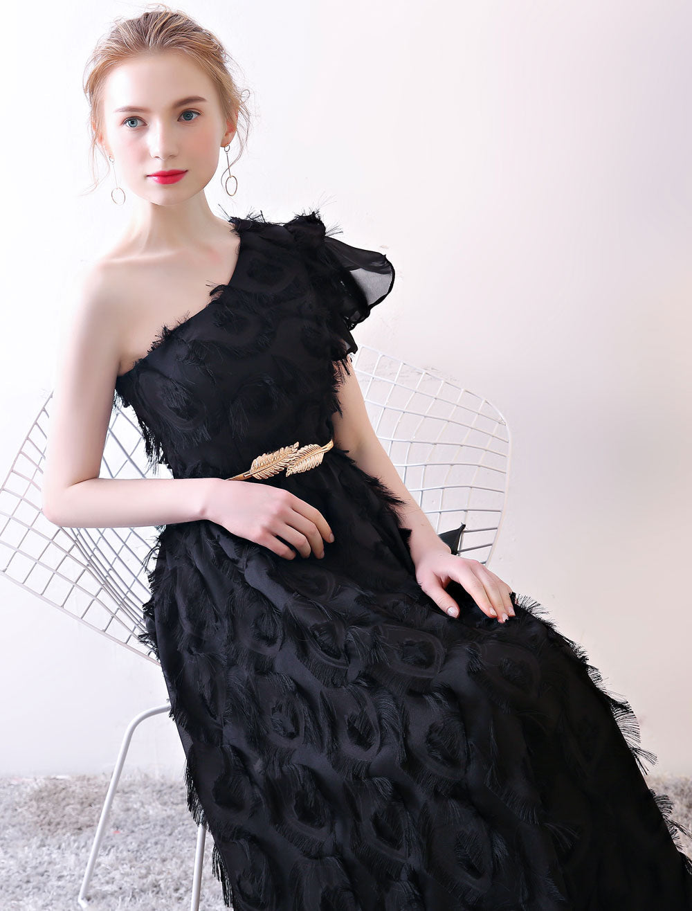 Amazing Black Evening Dress One-Shoulder evening dress Long Lace Ruffles Floor-Length Formal Dress With Sash