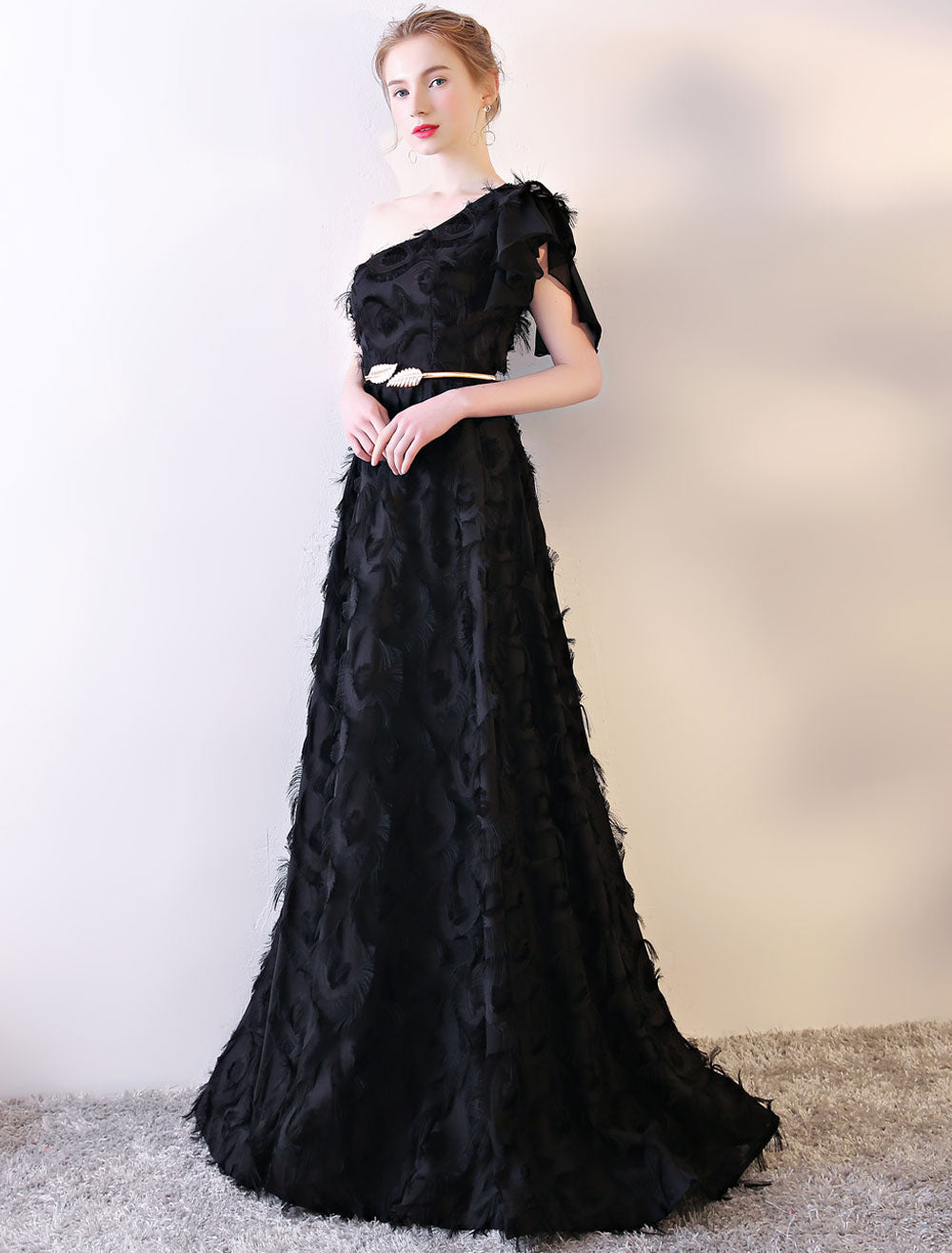 Amazing Black Evening Dress One-Shoulder evening dress Long Lace Ruffles Floor-Length Formal Dress With Sash