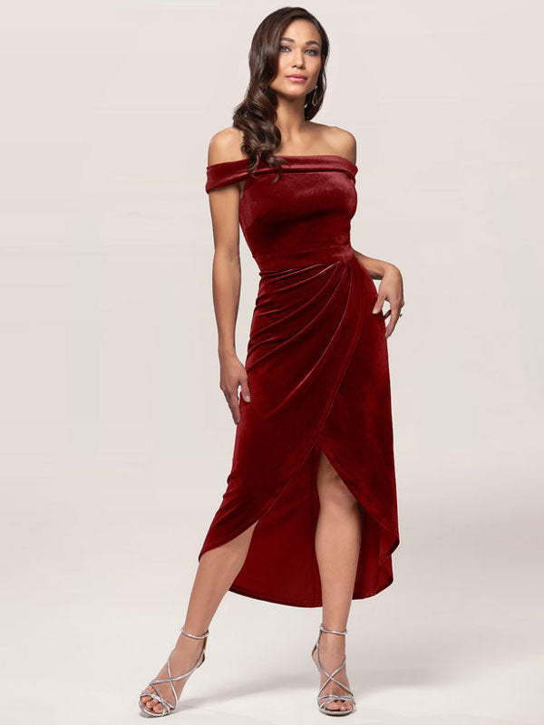 Amazing Burgundy Evening Dress Sheath Bateau Neck Tea-Length Zipper Pleated Velour Formal Dinner Dresses