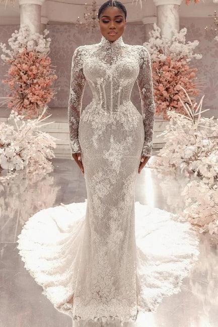 Amazing Column Lace High Neck Long Sleeve White Long Wedding Dress With Appliques Train (ZD15531)