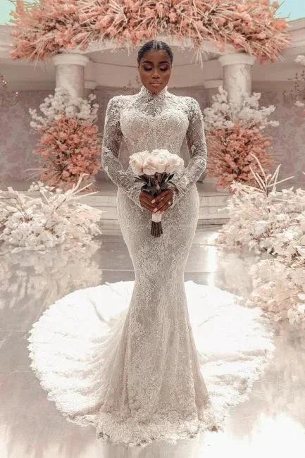 Amazing Column Lace High Neck Long Sleeve White Long Wedding Dress With Appliques Train (ZD15531)