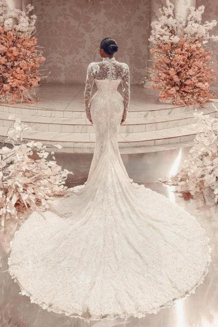 Amazing Column Lace High Neck Long Sleeve White Long Wedding Dress With Appliques Train (ZD15531)