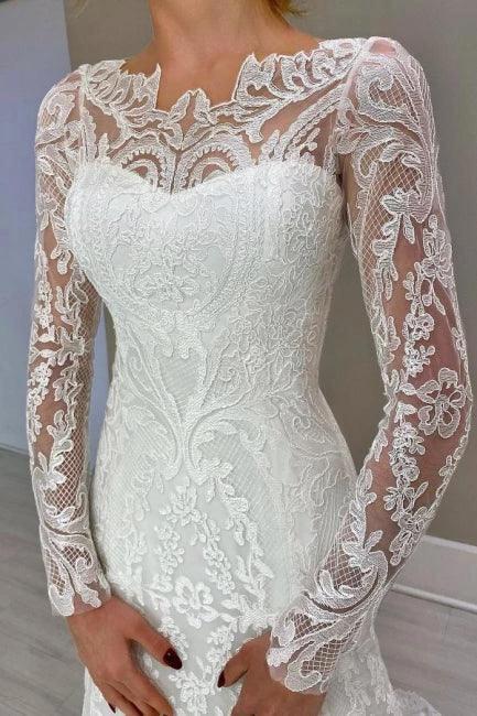 Amazing Column Lace Long Sleeve White Wedding Dresses With Appliques (ZD16636)