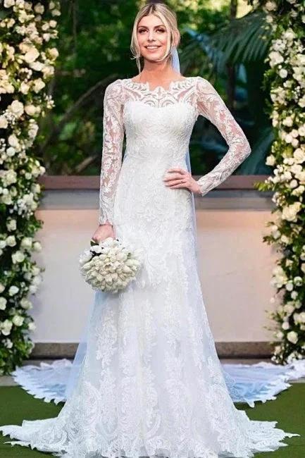 Amazing Column Lace Long Sleeve White Wedding Dresses With Appliques (ZD16636) - View 2 | VelvetHem