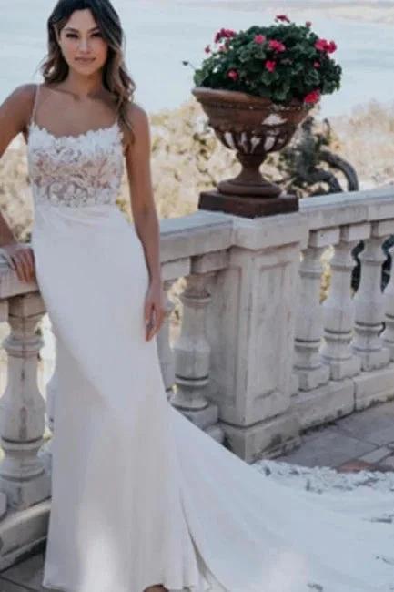 Amazing Column Lace Scoop Sleeveless White Wedding Dress With Appliques (ZD16675)