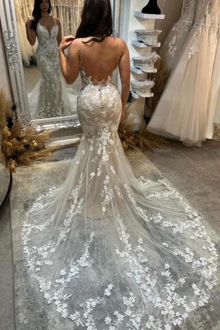 Amazing Column Tulle Lace Spaghetti Straps Sleeveless Ivory Wedding Dress With Appliques (ZD15503)