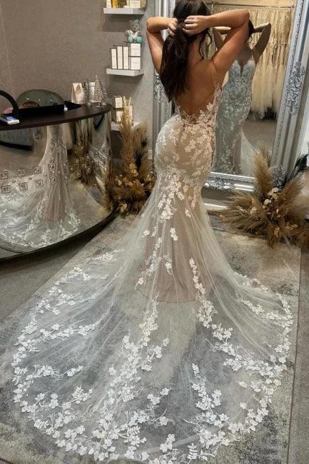 Amazing Column Tulle Lace Spaghetti Straps Sleeveless Ivory Wedding Dress With Appliques (ZD15503)