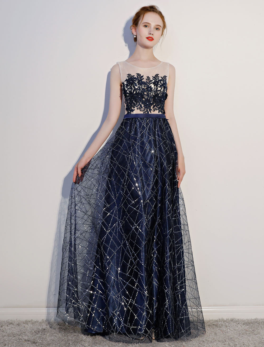 Amazing Dark Navy Evening Dresses Lace Sequin Illusion Sleeveless Floor-Length Evening Dress