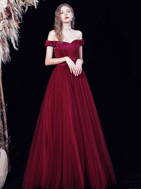 Amazing Evening Dress A-Line Bateau Neck Satin Fabric Floor-Length Formal Dinner Dresses Burgundy Pageant Dress