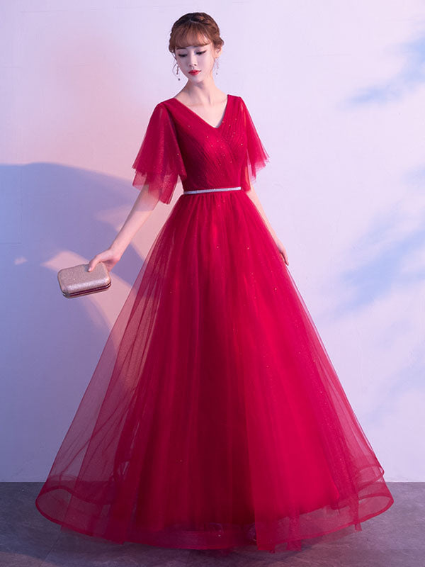 Amazing Evening Dress A-Line V-Neck Matte Satin Floor-Length Sequins Formal Party Dresses