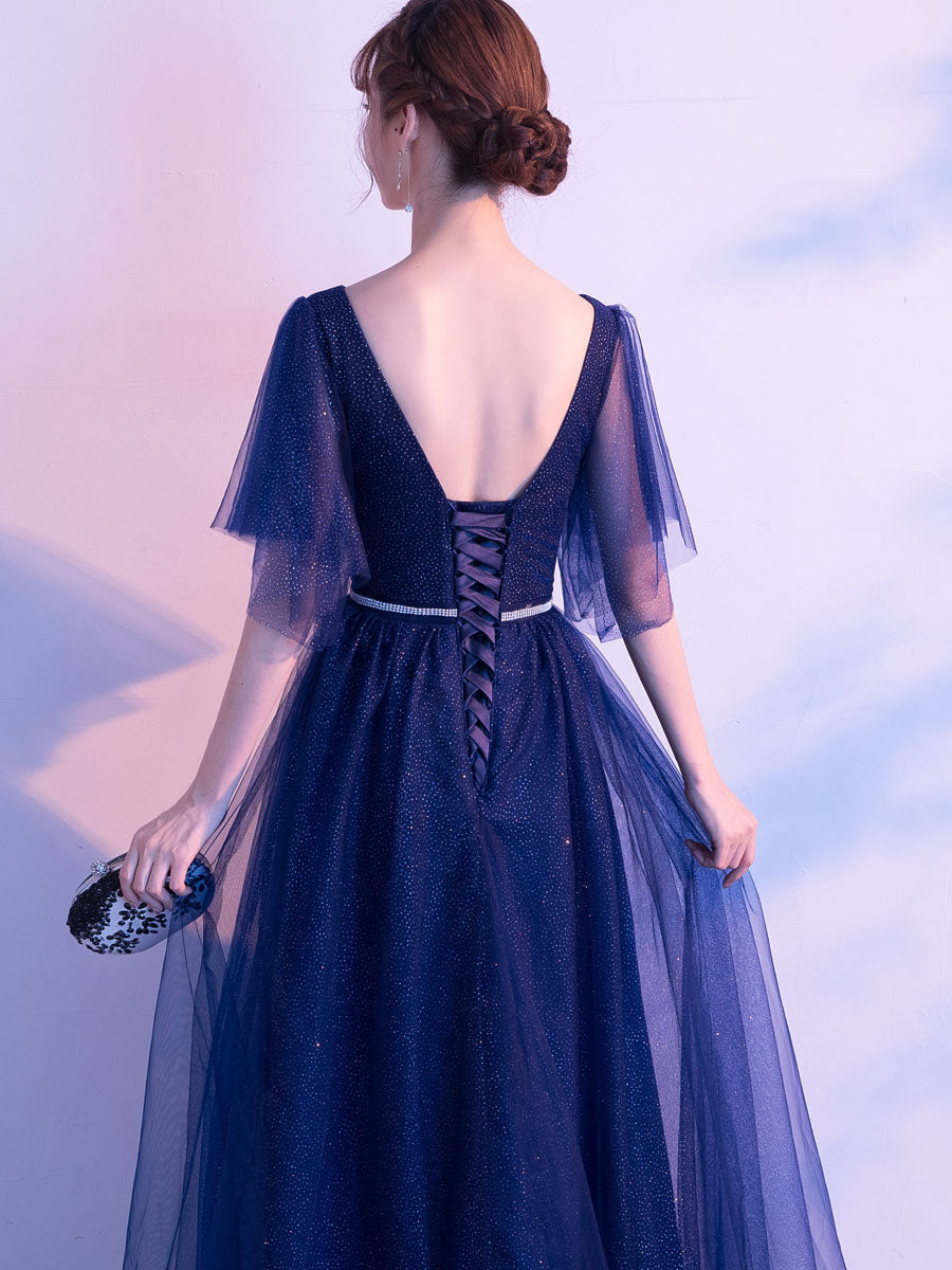 Amazing Evening Dress A-Line V-Neck Matte Satin Floor-Length Sequins Formal Party Dresses