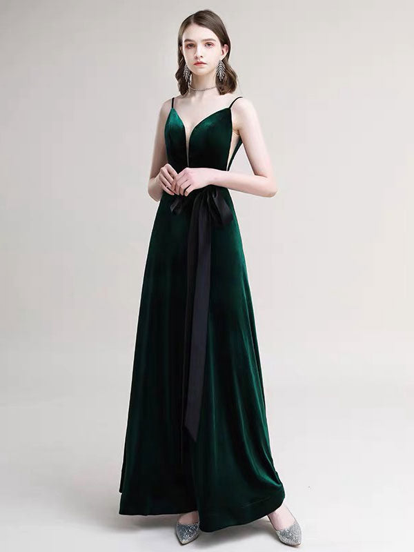 Amazing Evening Dress A-Line V-Neck Velour Floor-Length Sash Social Pageant Dresses