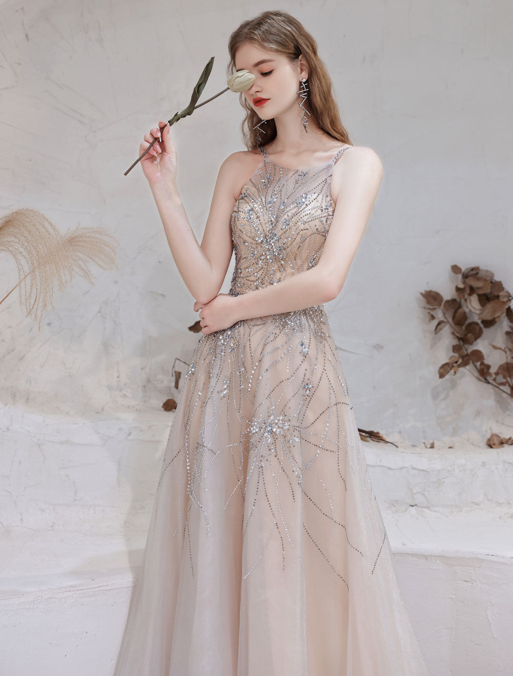 Amazing Evening Dress Nude Color A-Line Bateau Neck With Train Sleeveless Zipper Formal Party Dresses Pageant Dress