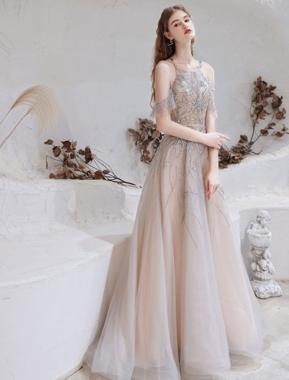 Amazing Evening Dress Nude Color A-Line Bateau Neck With Train Sleeveless Zipper Formal Party Dresses Pageant Dress