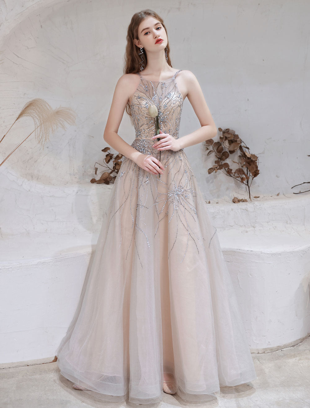 Amazing Evening Dress Nude Color A-Line Bateau Neck With Train Sleeveless Zipper Formal Party Dresses Pageant Dress