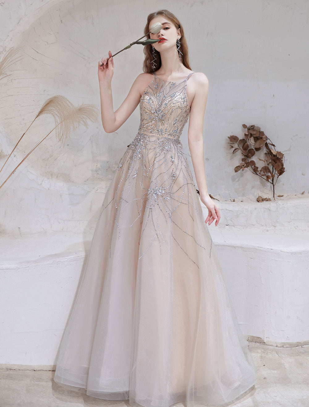 Amazing Evening Dress Nude Color A-Line Bateau Neck With Train Sleeveless Zipper Formal Party Dresses Pageant Dress