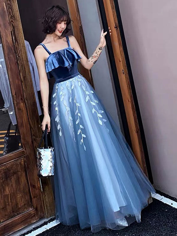 Amazing evening dress Tulle A-Line Straps Ankle Length Leaf Lace Formal Homecoming Party Dresses