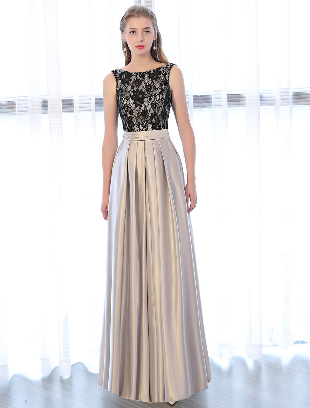 Amazing Evening Dresses Satin Lace evening dress Sleeveless Backless Pleated Pockets Floor-Length Formal Dress