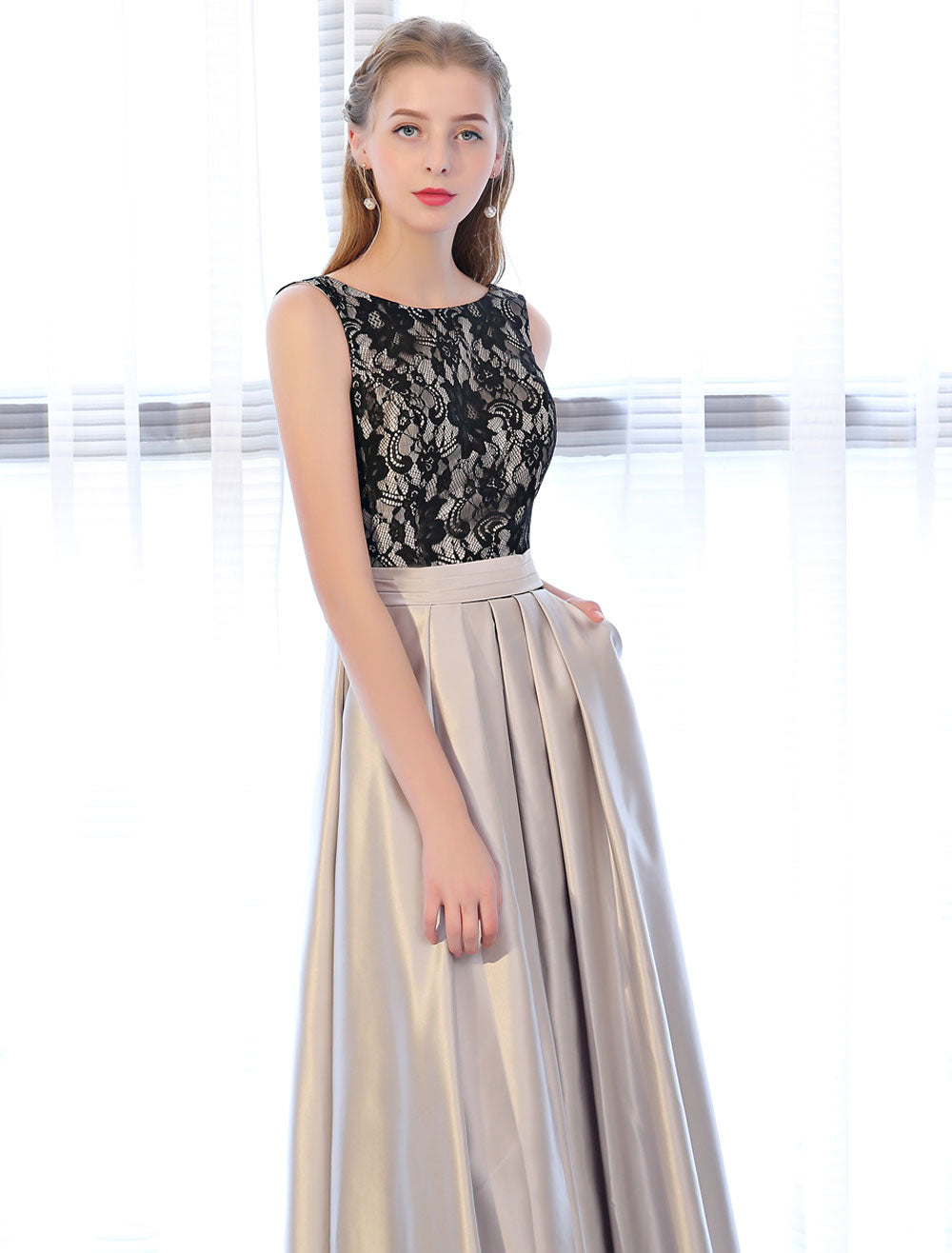 Amazing Evening Dresses Satin Lace evening dress Sleeveless Backless Pleated Pockets Floor-Length Formal Dress