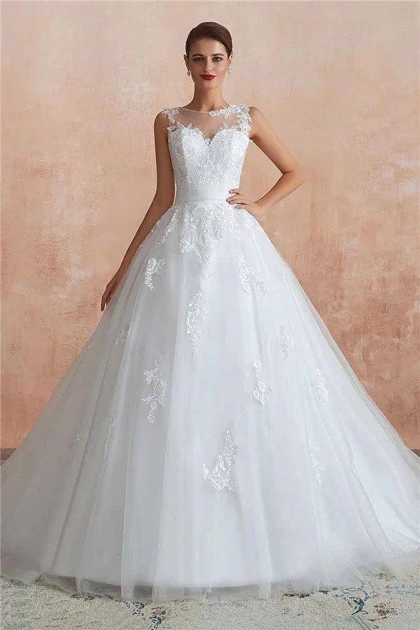 Amazing Long A-line Appliques Lace Tulle Wedding Dress (ZD14403)