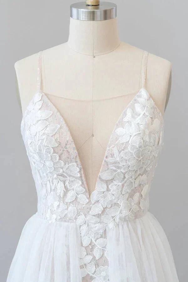 Amazing Long A-line Chapel Train Appliques Tulle Backless Wedding Dress (ZD14384)