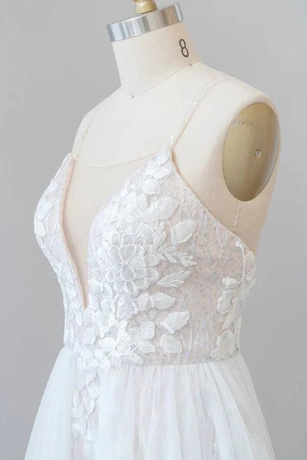 Amazing Long A-line Chapel Train Appliques Tulle Backless Wedding Dress (ZD14384)