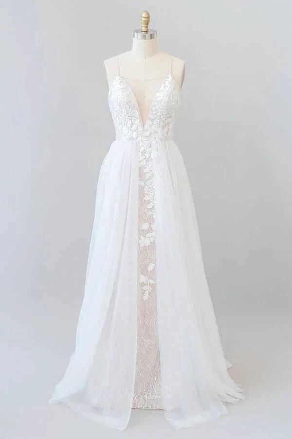 Amazing Long A-line Chapel Train Appliques Tulle Backless Wedding Dress (ZD14384)