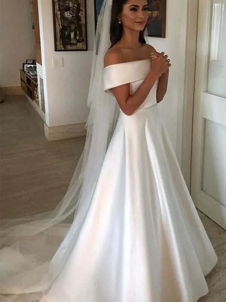 Amazing Long A-line Off the Shoulder Covered Button Satin Wedding Dresses (ZD15905)