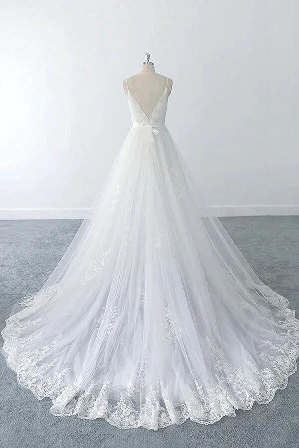 Amazing Long A-line V-neck Ruffle Appliques Tulle Wedding Dress (ZD15789)